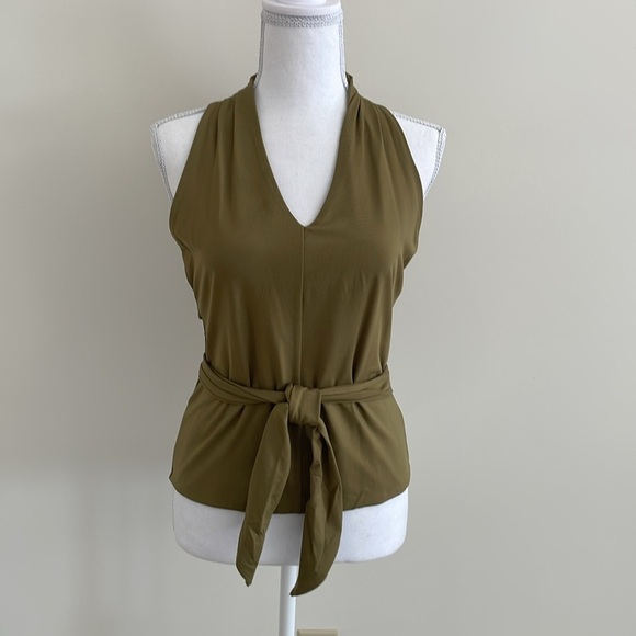 Olive Green V Neck Top with Ties - Picture 3 of 6